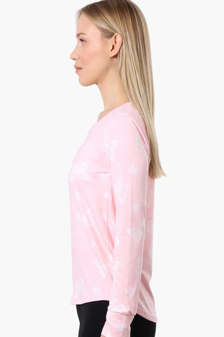 Canada Weather Gear Butterfly Pattern Henley Pajama Top - Pink