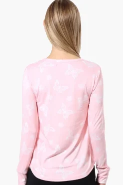 Canada Weather Gear Butterfly Pattern Henley Pajama Top - Pink