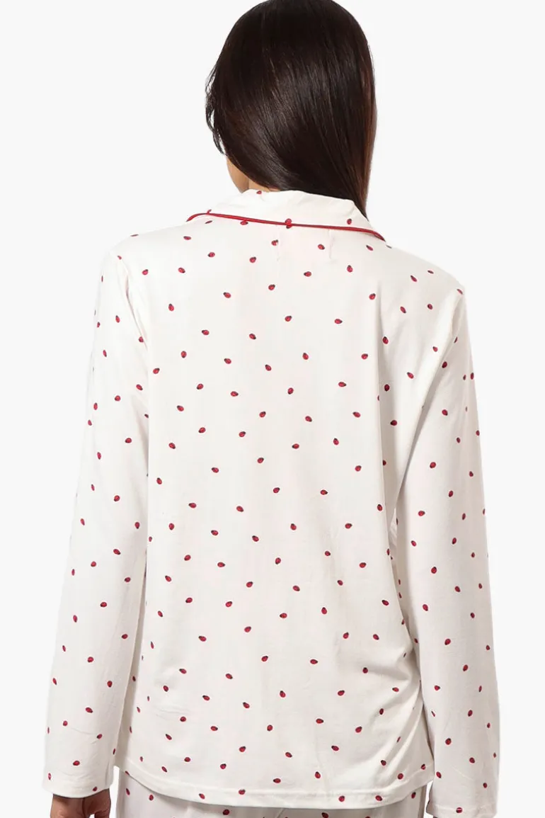 Canada Weather Gear Ladybug Pattern Button Down Pajama Top - White