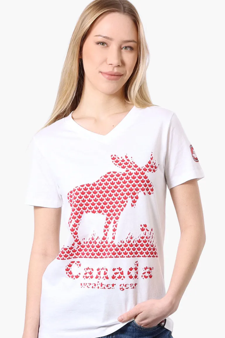 Canada Weather Gear Moose Print V-Neck Tee - White