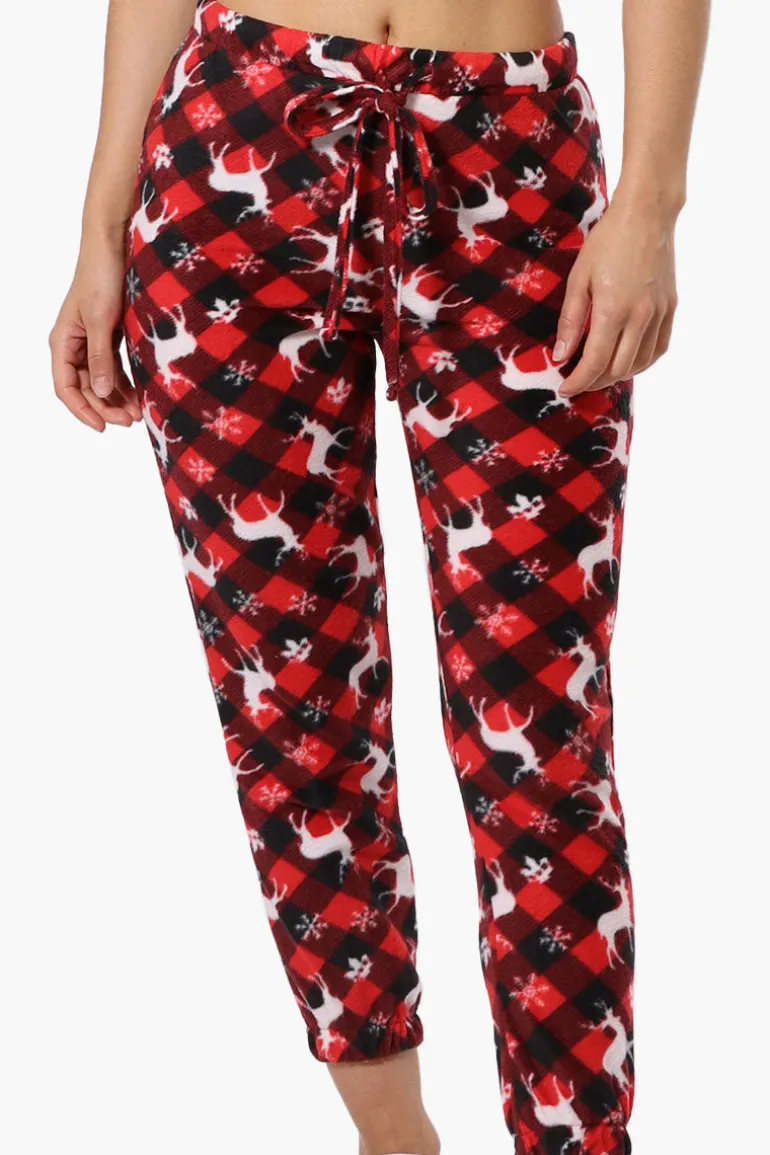 Canada Weather Gear Plaid Reindeer Pattern Fleece Pajama Bottoms - Red