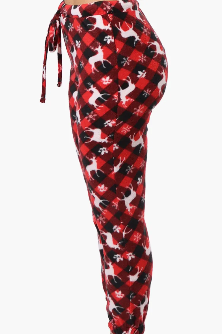 Canada Weather Gear Plaid Reindeer Pattern Fleece Pajama Bottoms - Red