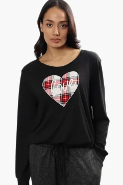 Cuddly Canuckies Plaid Love Print Pajama Top - Black