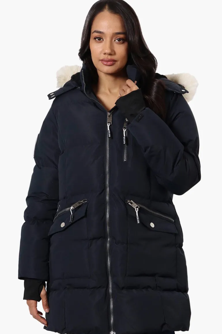Super Triple Goose Faux Fur Thumb Hole Parka Jacket - Navy