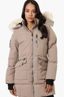 Super Triple Goose Faux Fur Thumb Hole Parka Jacket - Beige