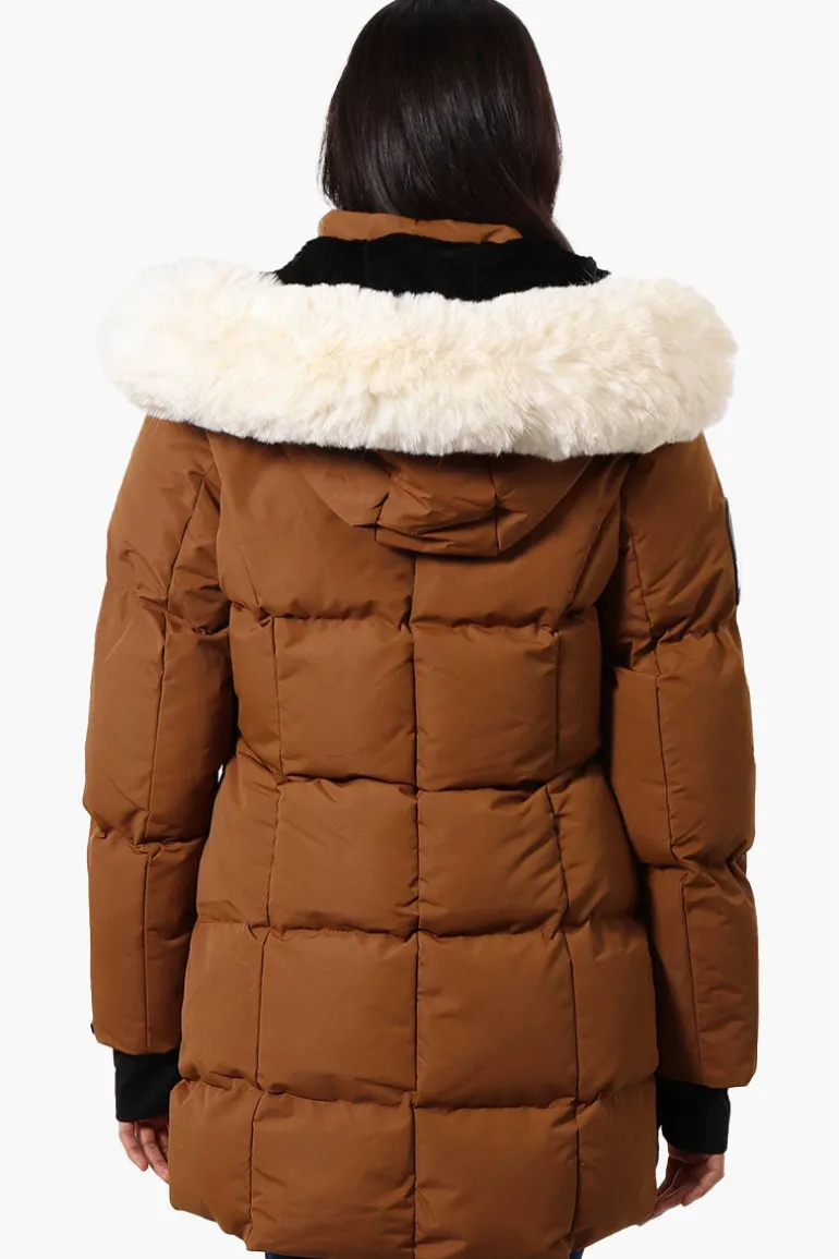 Super Triple Goose Faux Fur Thumb Hole Parka Jacket - Brown