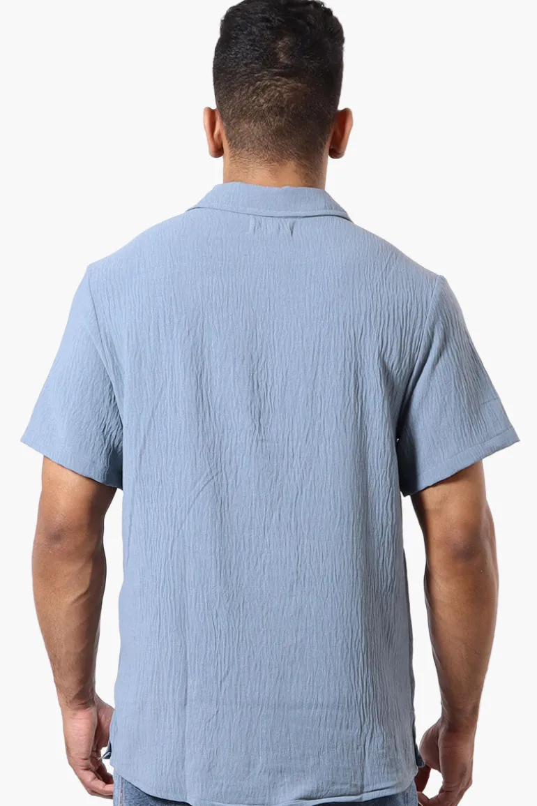 Super Triple Goose Vintage Solid Button Up Casual Shirt - Blue